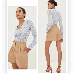 Veronica Beard Aero Blue Brick Multi Ozzie Striped Faux Wrap Top $398